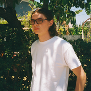 Man wearing SAD Eyewear Dusk premium square sunglasses in tortoiseshell with UV protection lenses