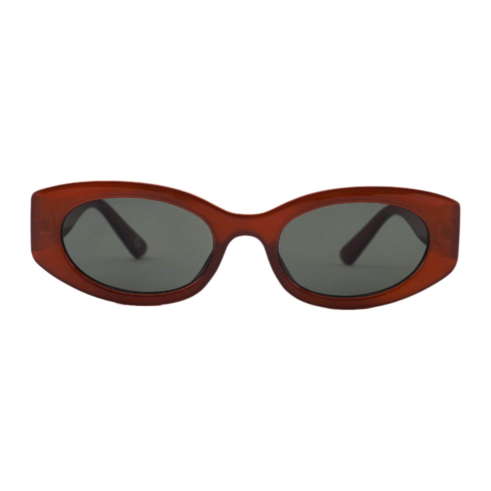 Sunglasses with a brown frame and dark lenses on a white background