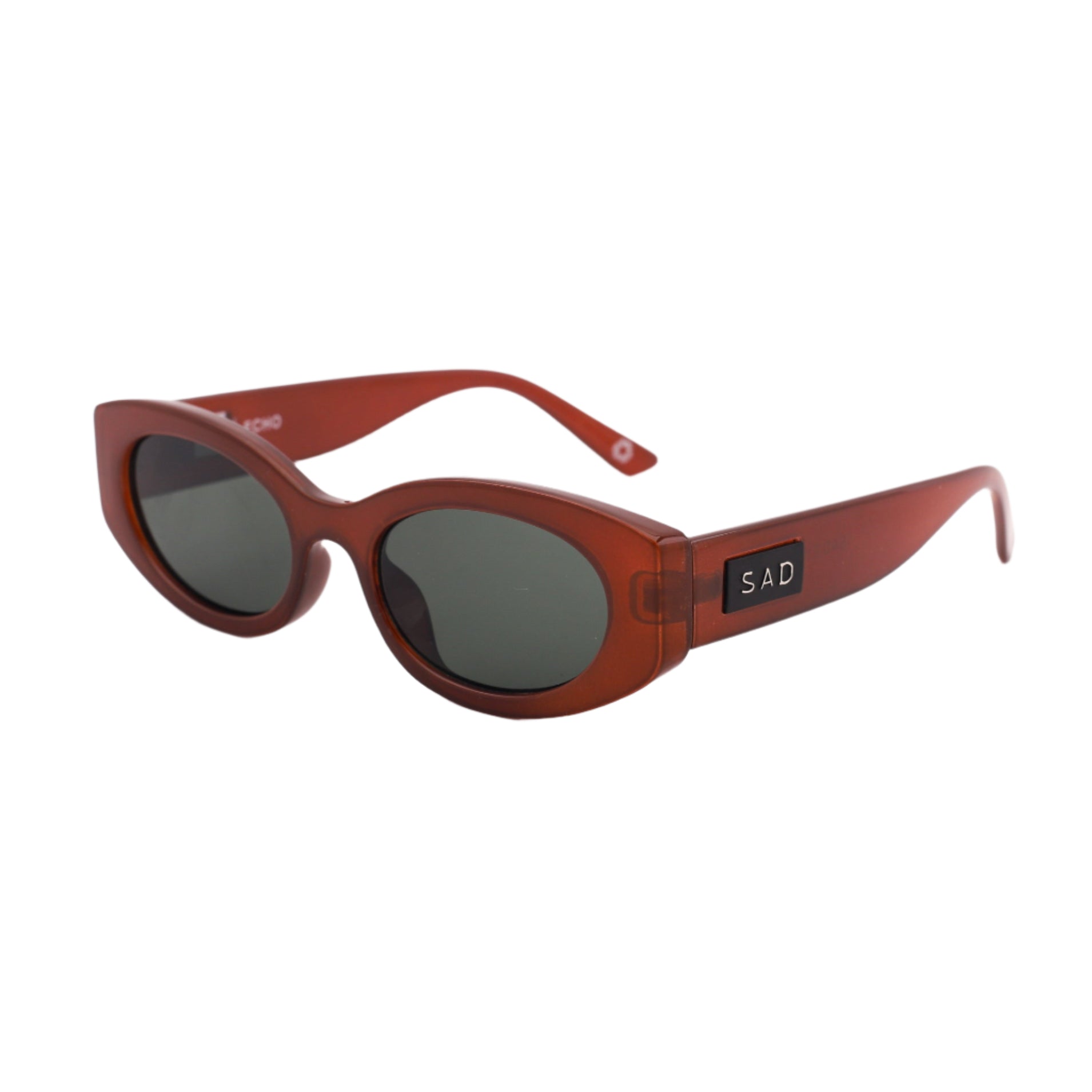Brown sunglasses with a brand logo on a white background