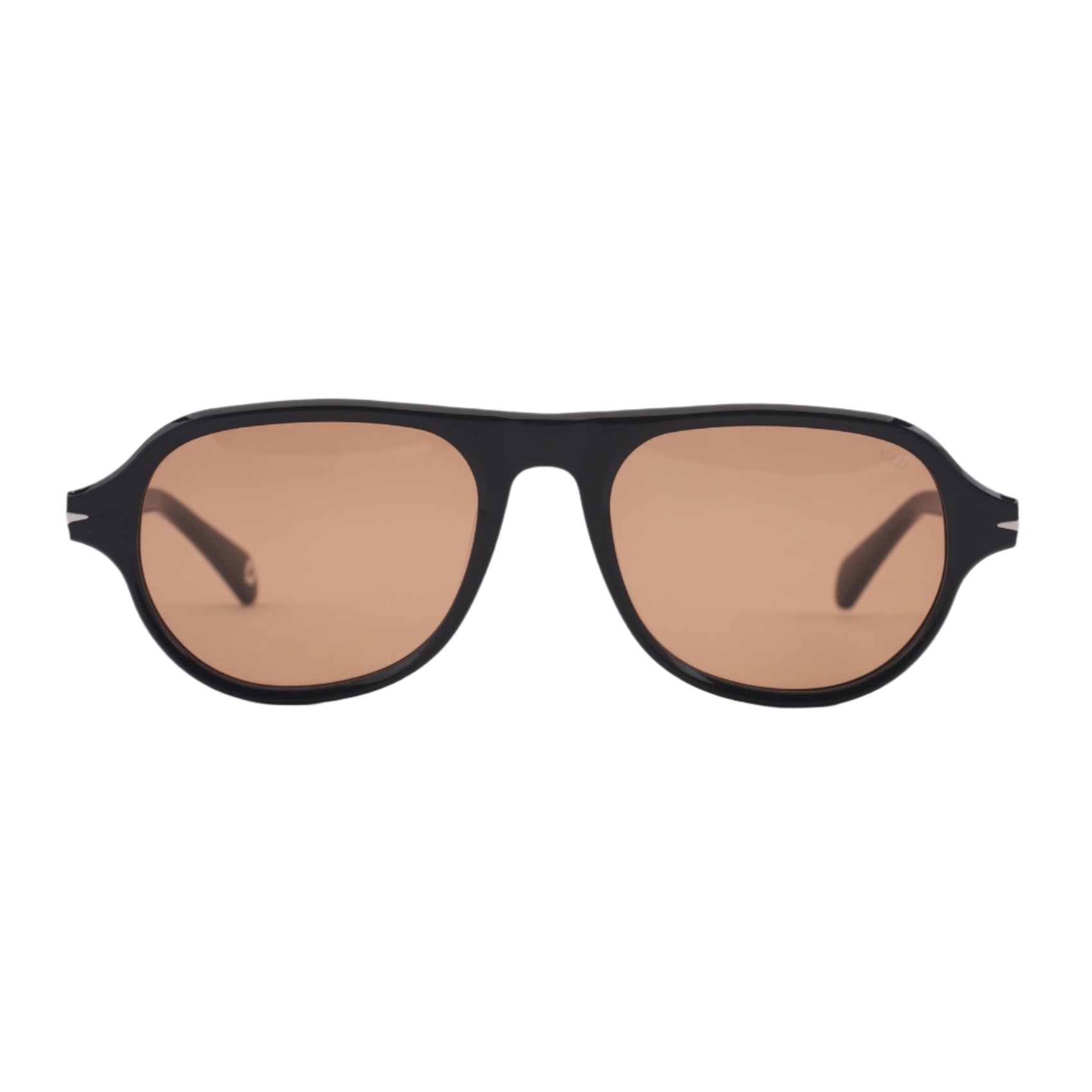 Sunglasses with brown lenses and black frames on a light gray background