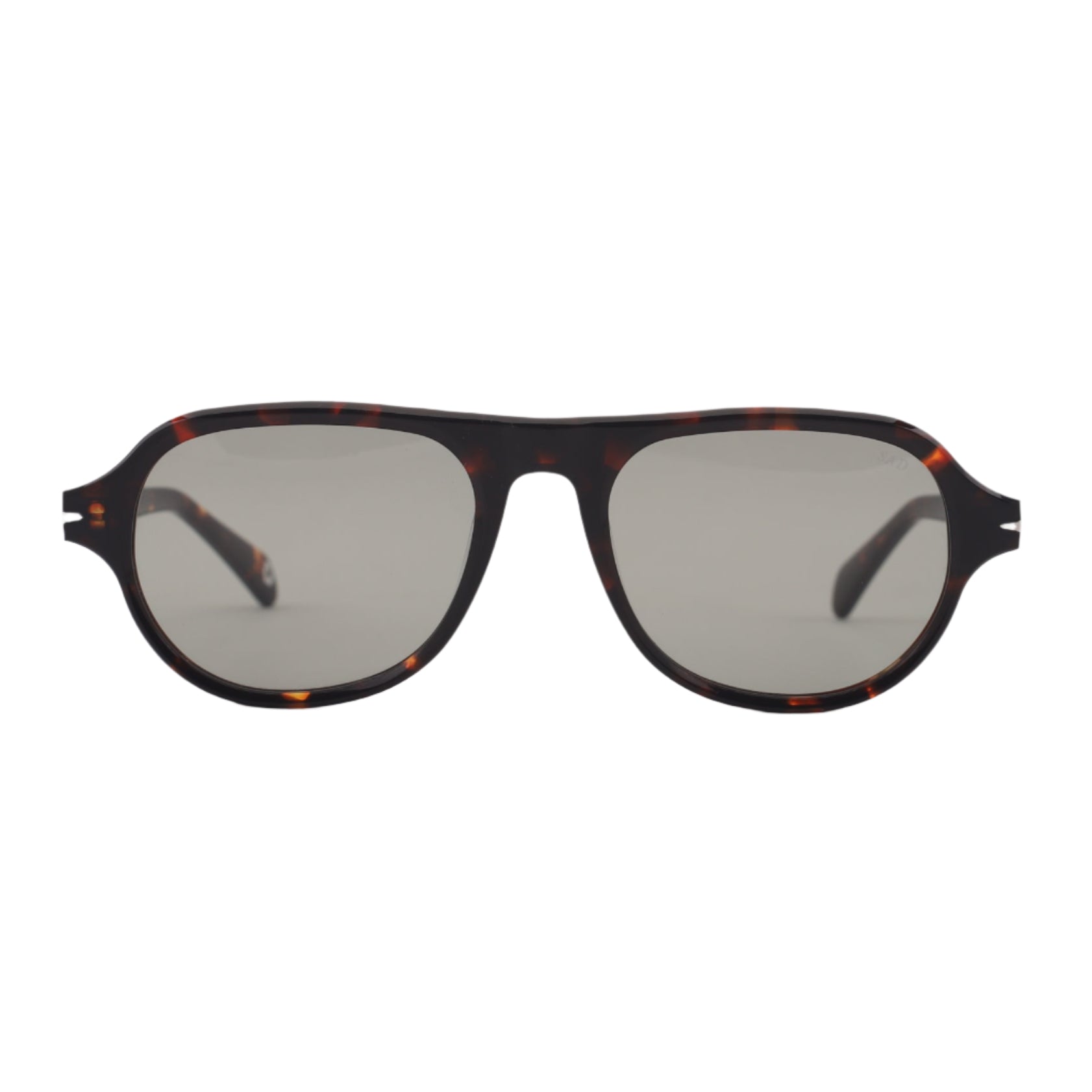 Sunglasses with tortoiseshell frame and dark lenses on a light gray background