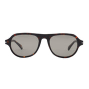 Sunglasses with tortoiseshell frame and dark lenses on a light gray background