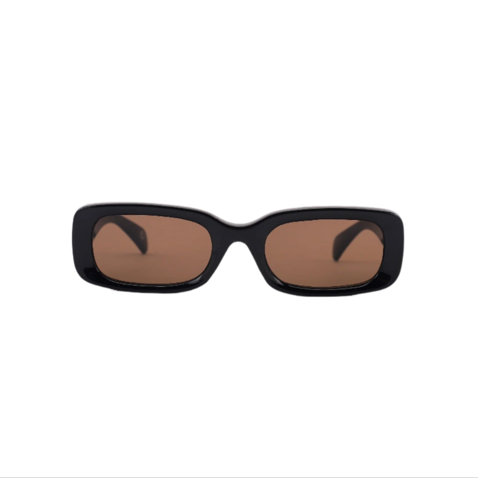 Black sunglasses with brown lenses on a white background