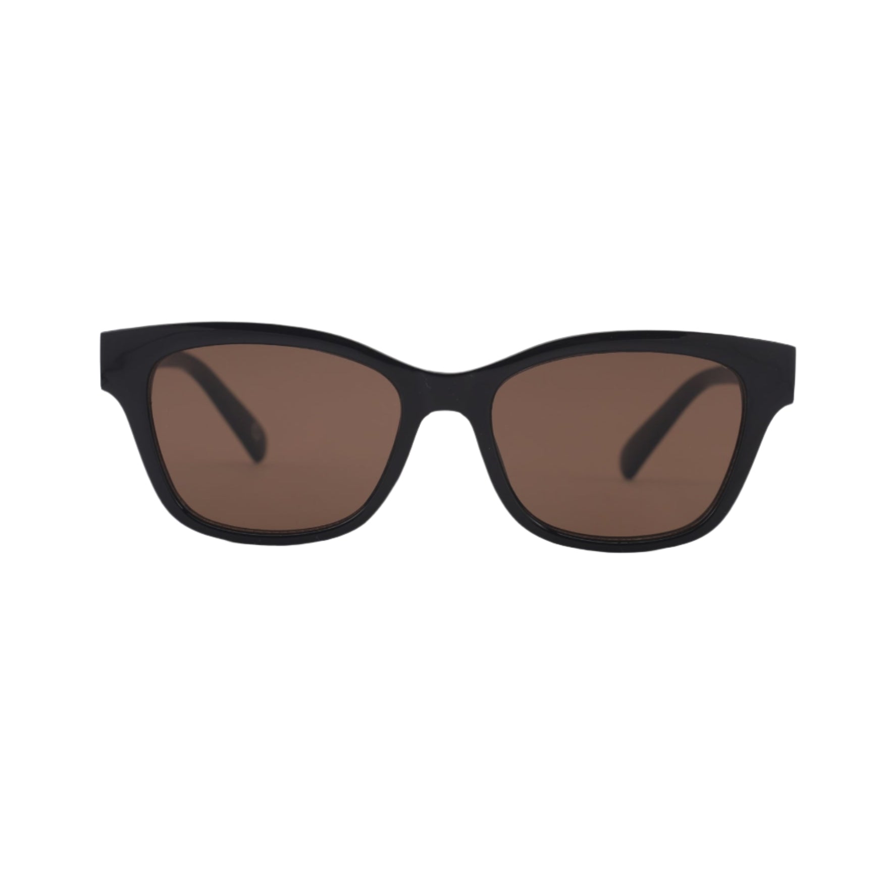 Black sunglasses with brown lenses on a light gray background