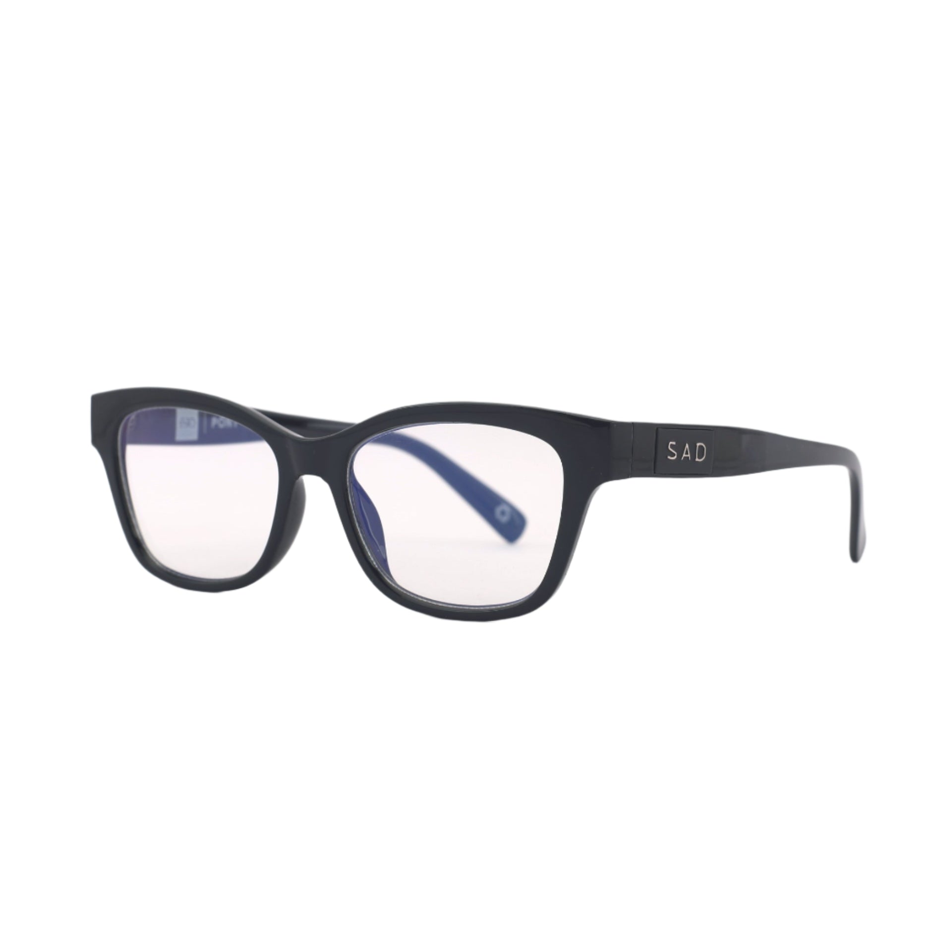 SAD Eyewear Pony wayfarer rectangle glasses in black with clear blue light blocking protection lenses