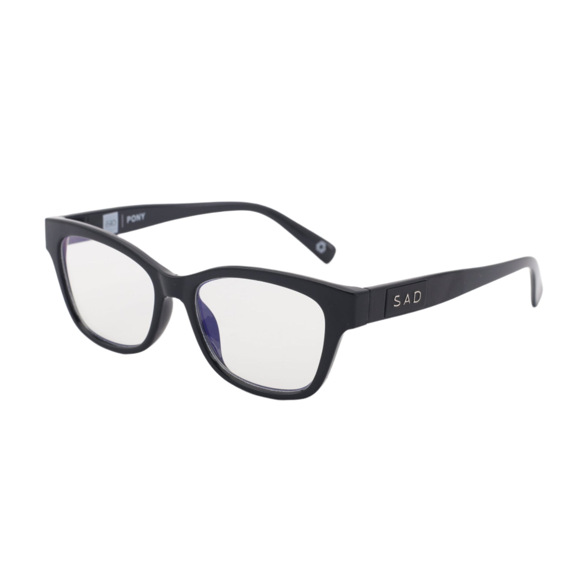 SAD Eyewear Pony wayfarer rectangle glasses in black with clear blue light blocking protection lenses
