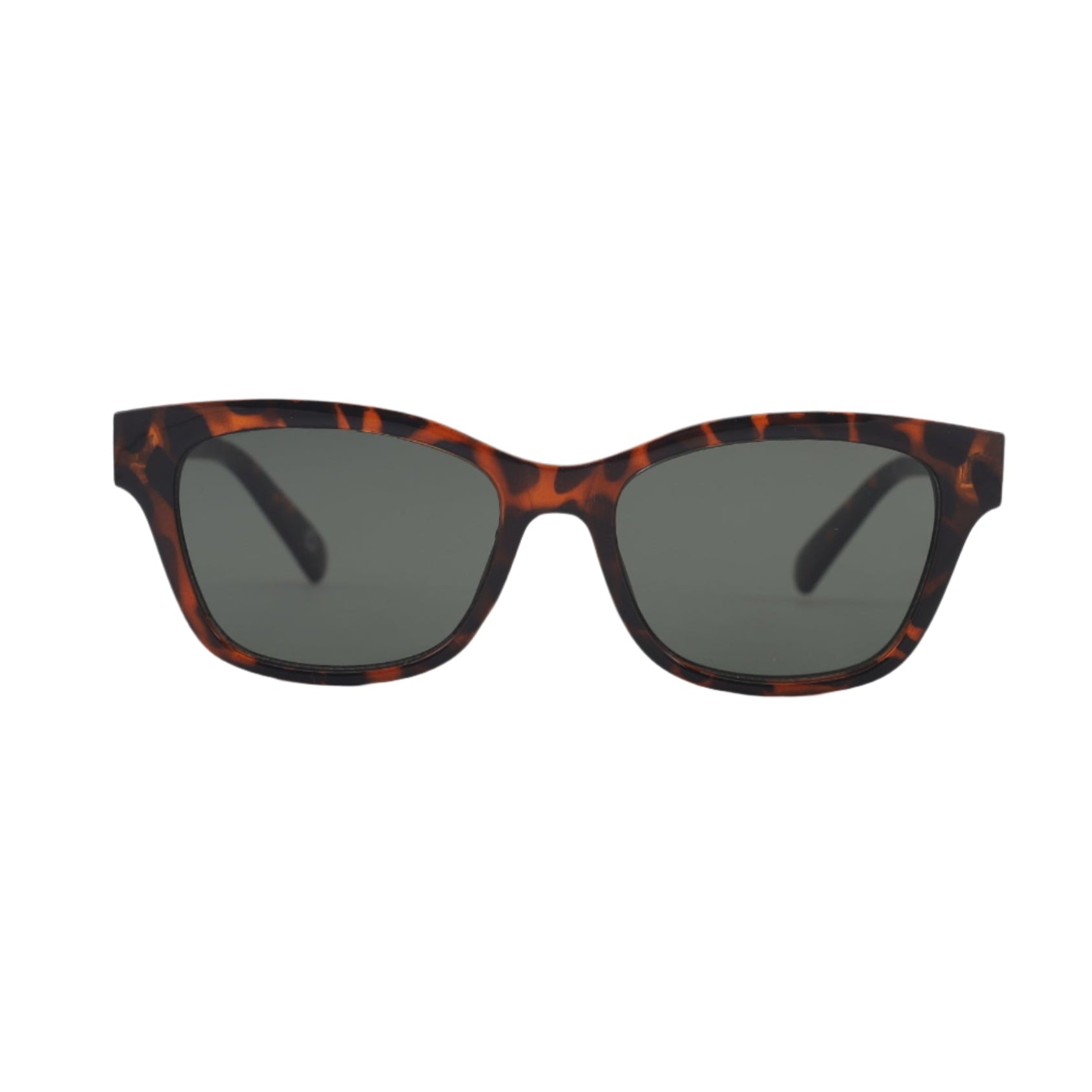 Sunglasses with tortoiseshell frame and dark lenses on a light gray background