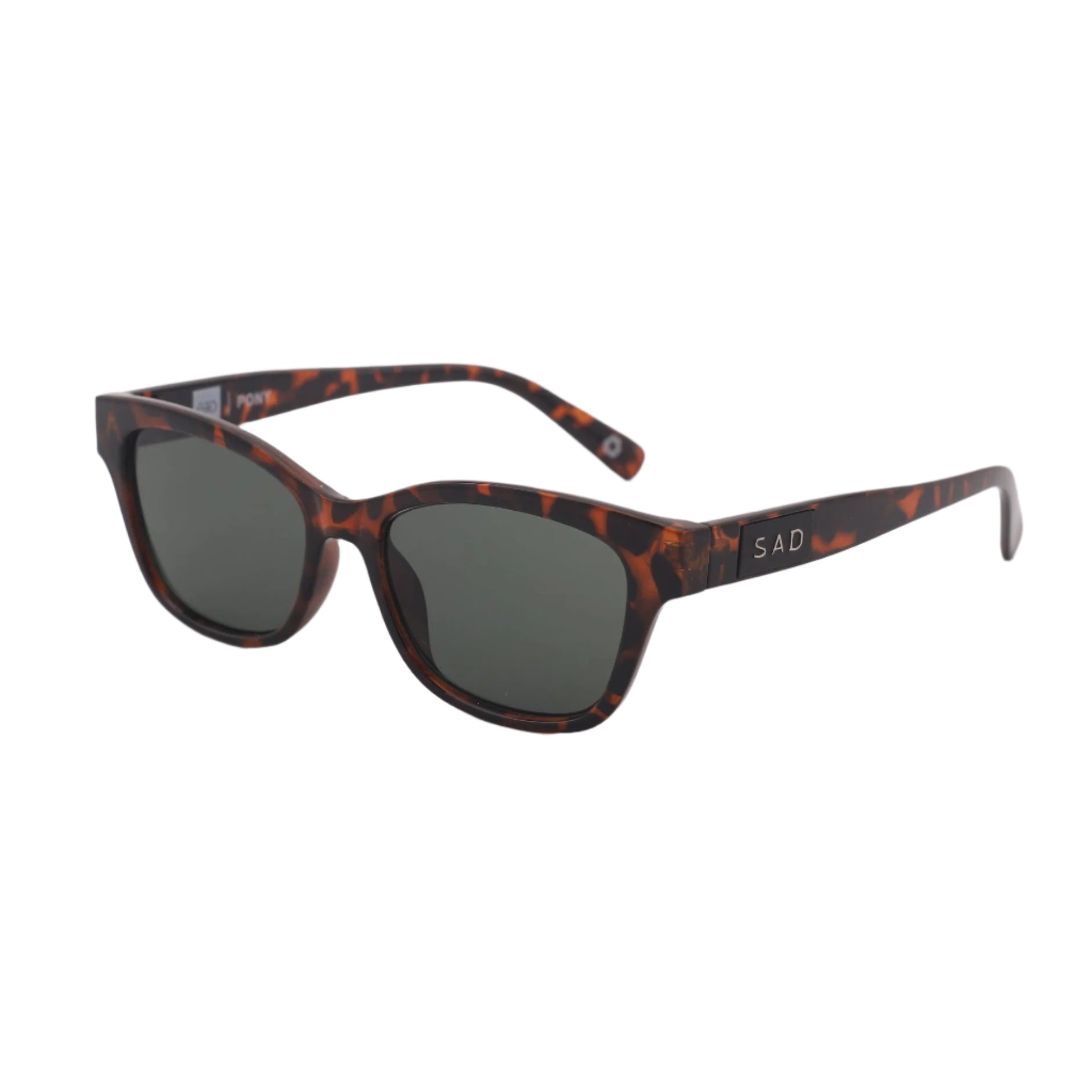 Sunglasses with tortoiseshell frame and dark lenses on a light gray background