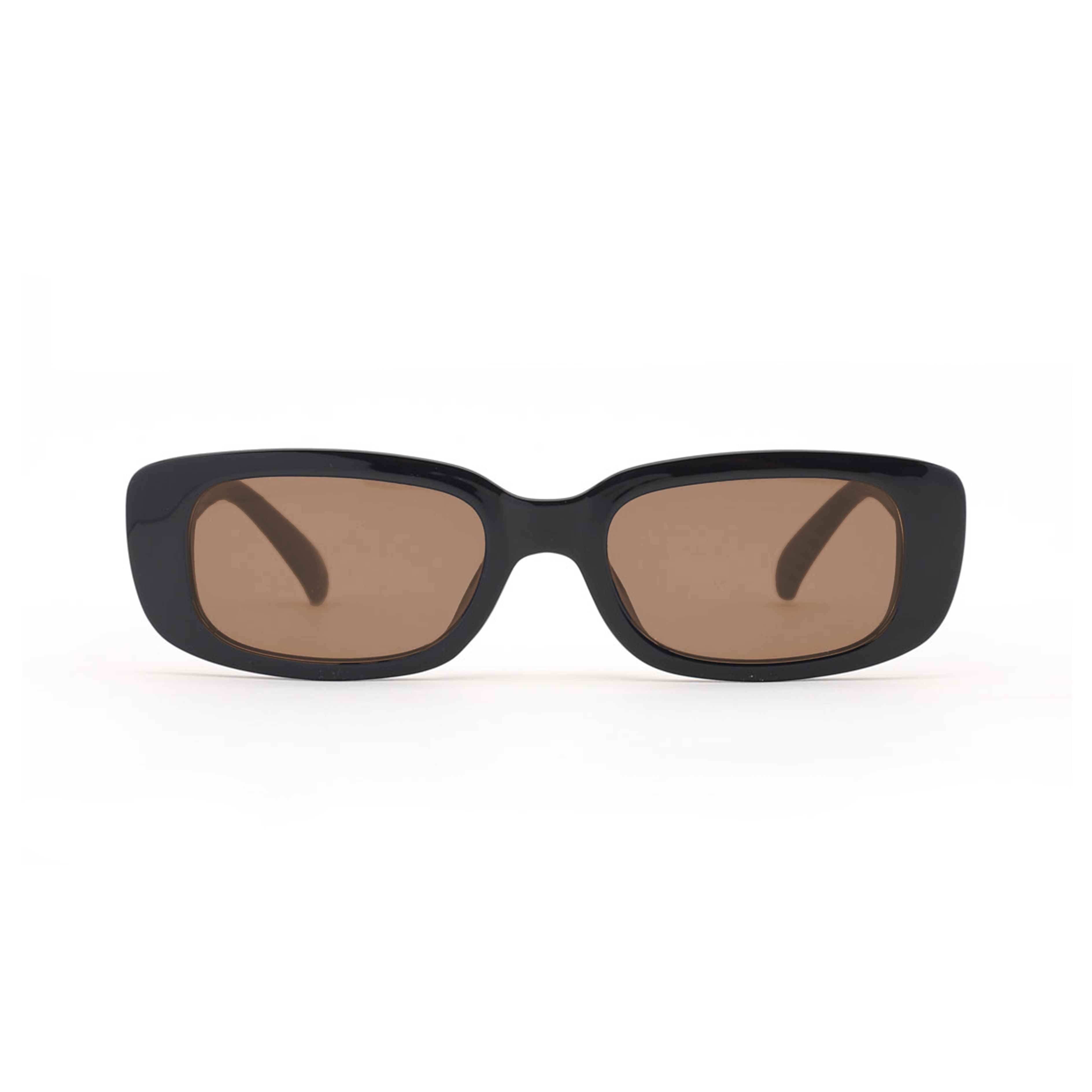 Widescreened rectangular black sunglasses with tinted bronze lenses and a metal logo.