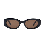 Black cat-eye sunglasses with brown lenses on a white background