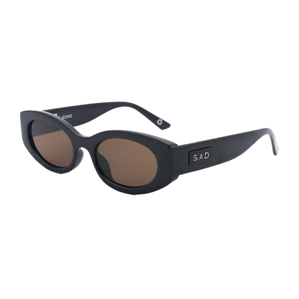 Black sunglasses with a brand logo on a white background