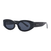 Black sunglasses with a brand logo on a white background