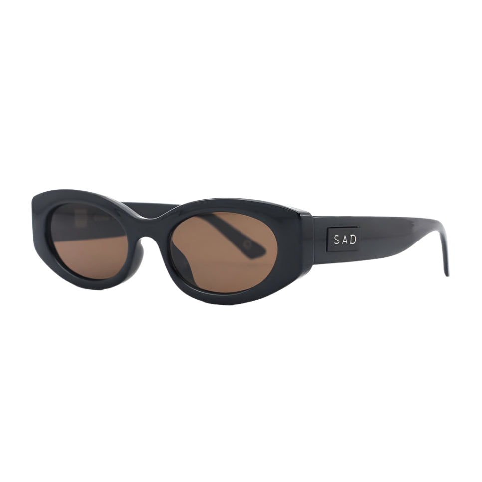 Black sunglasses with brown lenses on a white background