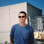 Zachary Kovacs wearing SAD Eyewear Celeste oval sunglasses in tortoise with polarized olive UV protection lenses